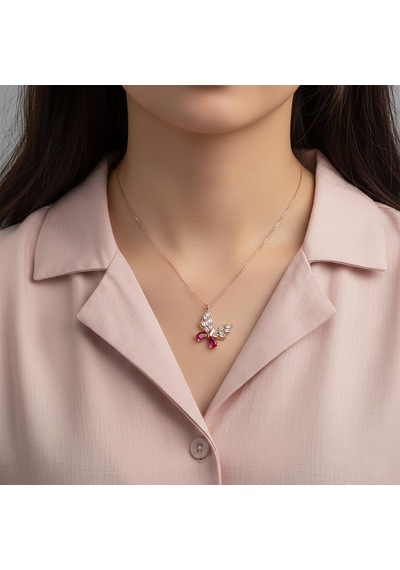 925 Ayar Gümüş Fuşya Damla Ve Baget Taşlı Kelebek Kolye Rose Gold