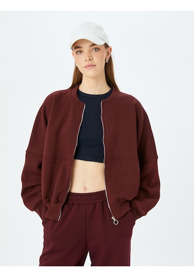 Koton Şardonlu Oversize Fermuarlı Dikiş Detaylı Sweatshirt Bordo 5wal10014ık