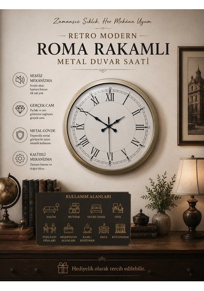 Retro Modern Roma Rakamlı 40 Cm Metal Duvar Saati Eskitme