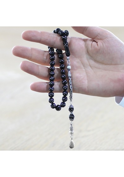 925 Ayar Gümüş Kral Zincir Püsküllü Gümüş İşlemeli Küre Kesim Erzurum Oltu Taşı Tesbih Siyah