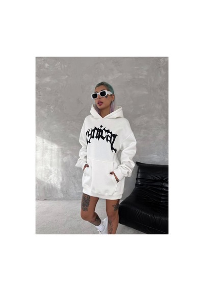 Butik İstanbul Unisex Üç İplik Kapşonlu Baskılı Sweatshirt - Beyaz