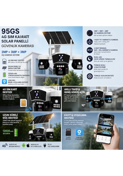 X5tech 95gs 3 Kameralı 4g Solar Sim Kartlı Ptz Ip Sesli Akıllı Güvenlik Kamera 3+3+3 Mp
