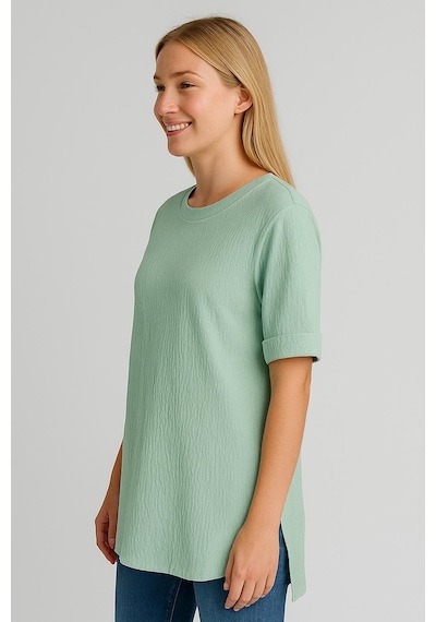 Kadın Oversize Kalıp Bürümcük Kumaş Duble Kol Yandan Yırtmaçlı T-shirt Bluz - T954 Çağla