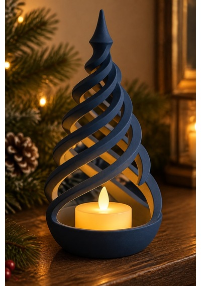 Minimalist Spiral Noel Ağacı Şeklinde Led Mum Tutucu Lacivert