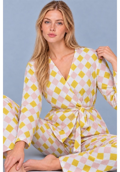 Kadın Desenli Ev Stili Kuşaklı Sarı Pijama Takımı 4807