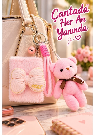 Peluş Fiyonk Detaylı Cep Aynası Anahtarlık Ve Peluş Ayıcık Set Kawaii Çanta Charmı Makyaj Aynası-p Çok Renkli