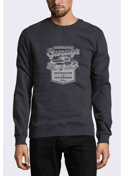 Retro Car Araba Baskılı Füme Antrasit Erkek Örme Sweatshirt