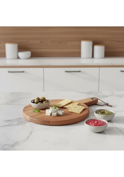 Akasya Ahşap Yuvarlak Sunum Tabağı 20x30 Cm Doğal Saplı Peynir, Şarküteri, Pizza Ve Meze Servis Tahtası Küçük Boy Modern Ahşap Sunumluk 1.2 Cm Kalınlık 15cm