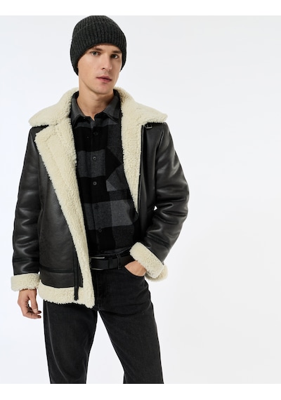 Koton Kapaklı Cepli Çıtçıt Düğme Detaylı Slim Fit İçi Peluş Yaka Suni Süet Ceket Siyah 6wam20103hw