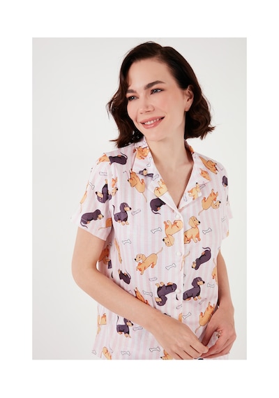 Lela Desenli Kısa Kollu Beli Lastikli Gömlek Yaka Dokuma Regular Fit Bayan Pijama Takımı 6571010 Pembe
