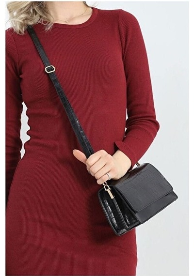Lovelystore Kroko Desenli 3 Gözlü Günlük Kadın Mini El & Omuz Çantası 24x12 Siyah