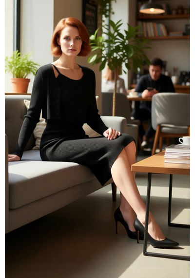 Ersefa Kadın Bodycon Kesim Düz Triko Elbise Uzun Kollu V Yaka Midi Boy S Siyah