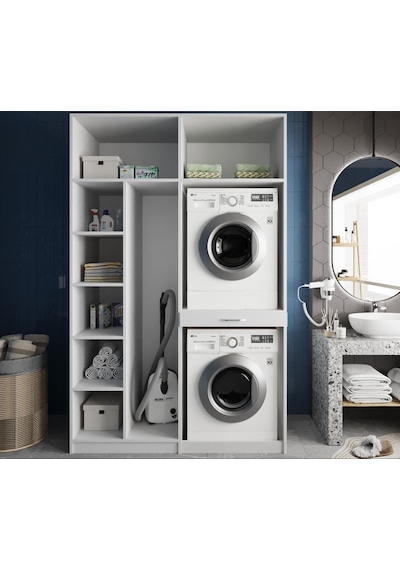 Megan Çamaşır Ve Kurutma Makinesi Dolabı Banyo Dolabı Beyaz Beyaz