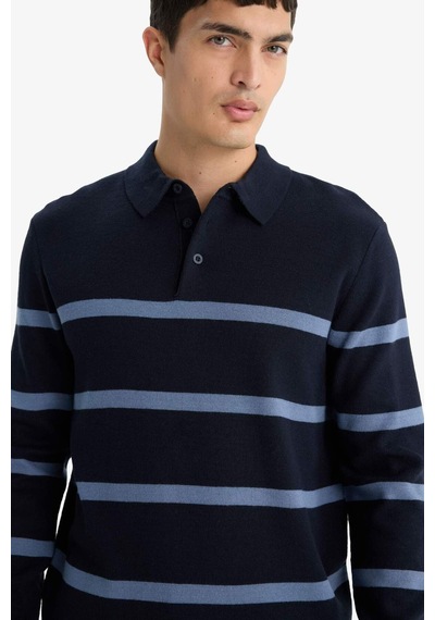 Defacto Standart Fit Polo Yaka Çizgili Triko Kazak F2772ax25wnnv125 Lacivert