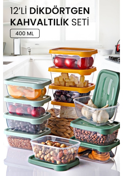 Kitchen Life 12'li Aura Dikdörtgen Saklama Kabı 400 Ml - Kahvaltılık Kahvaltı Seti Çok renkli