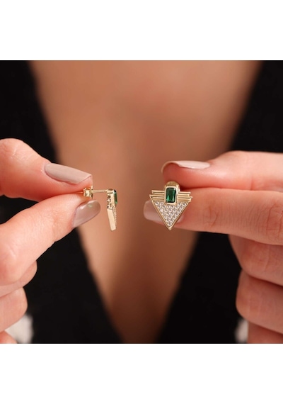 Sembol Gold Altın Emerald Taşlı Üçgen Küpe Özel Tasarım