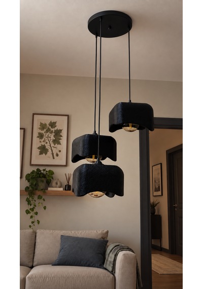 Beton Görünümlü 3'lü Kare Sarkıt Avize Modern Bohem Salon Yemek Masası G95 Rustik Led Ampul Hediyeli Siyah