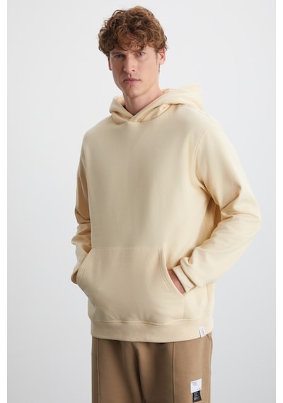 Grımelange Cartmel  Erkek Örme 3 Iplik Relaxed Fit Rahat Kalıp Kanguru Cepli Kapüşonlu Bej Sweatshirt
