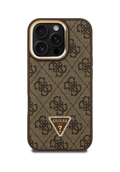 Apple Uyumlu iPhone 16 Pro Max Kılıf Guess Lisanslı Üçgen Logo 4g Desenli Kamera Standlı Kapak Kahverengi
