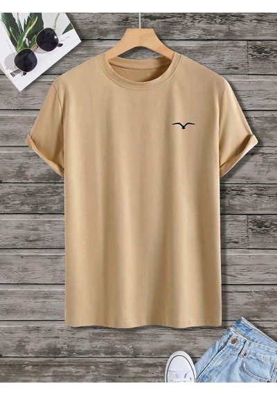 Kuş Logo Minimal T-shirt - Vizon Oversize Baskılı Bisiklet Yaka Vizon