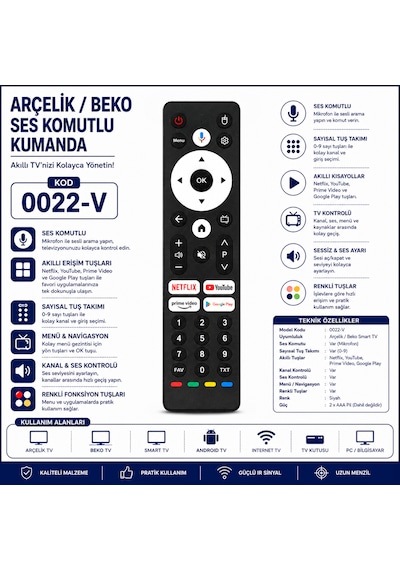 Arçelik 0022-v Ses Komutlu Smart Tv Kumandası