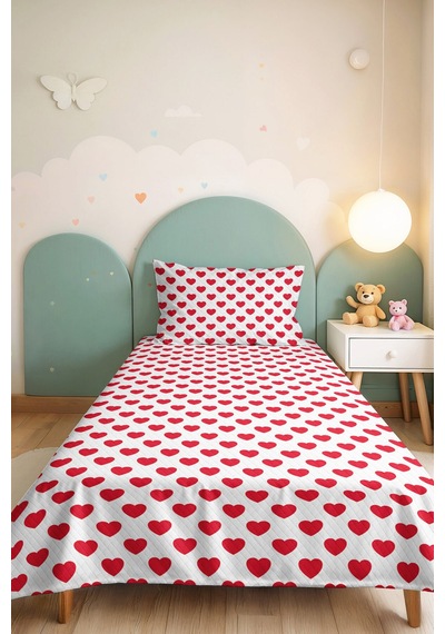 Kırmızı Kalpler Genç Odası Tek Kişilik Pike Takımı - Modern Romantik 160x220cm Kapitone Yatak Örtüsü Bohem Toprak Dokusu