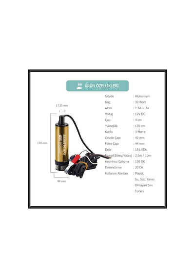 Kızılırmak 12 Volt Alüminyum Dalgıç Tipi Sıvı Aktarma Pompası Filtreli