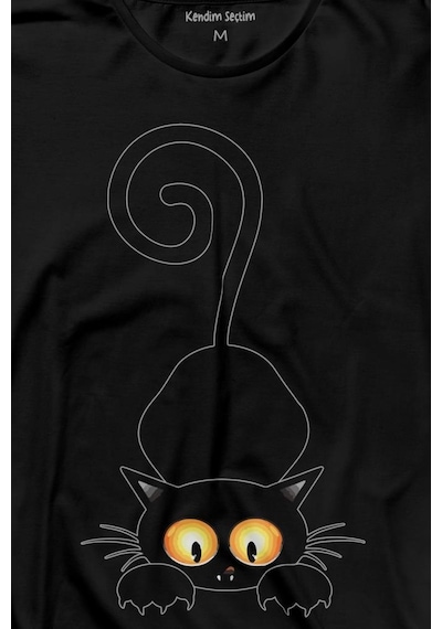 Küçük Sevimli Yavru Siyah Kedi Düşünceli Hayvan Uzun Kollu Tişört Baskılı T-shirt 001