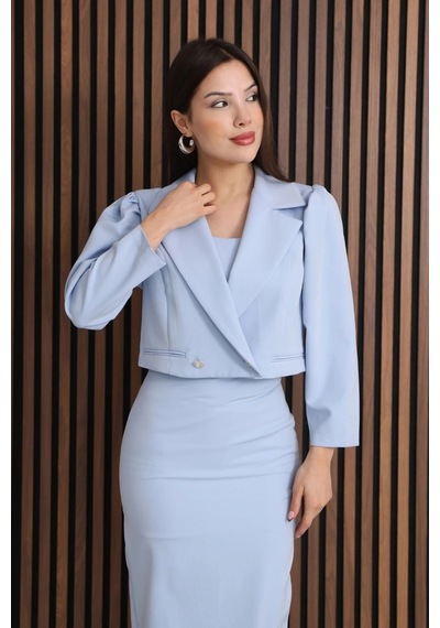 Lodmela Kruvaze Yaka Crop Ceketli Kalem Elbise Takım 2291-bebe Mavisi