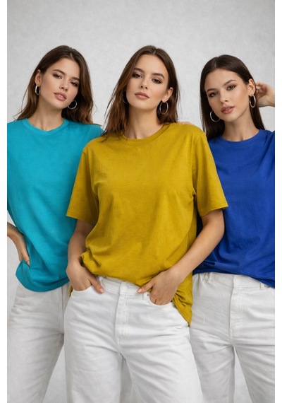 Kadın 3'lü Paket Hardal-turkuaz-saks Mavi %100 Pamuk Oversize Basic Tişört Bisiklet Yaka Relaxed T-shirt Beyaz-antrasit-lila