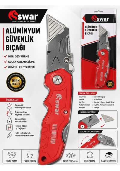 Swar Alüminyum Güvenlik Bıçağı Halıcı Tip Katlanır Hızlı Bıçak Değişimi Yerli Üretim