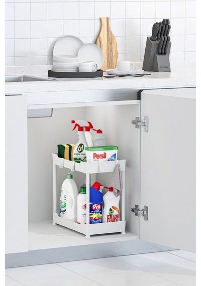 Beyaz 2 Katlı Düzenleyici Mutfak Ve Banyo Rafı