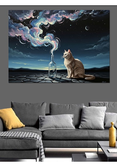 Gece Beyaz Kedi Dekoratif Kanvas - Mdf Ahşap Tablo