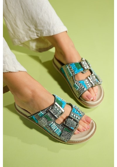 Luvishoes Lanso Yeşil Taşlı Çift Bantlı Kadın Terlik Yeşil