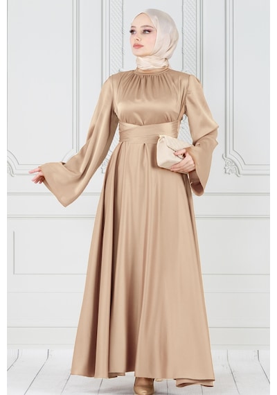 Çapraz Kuşaklı Saten Abiye Elbise-bej-3856