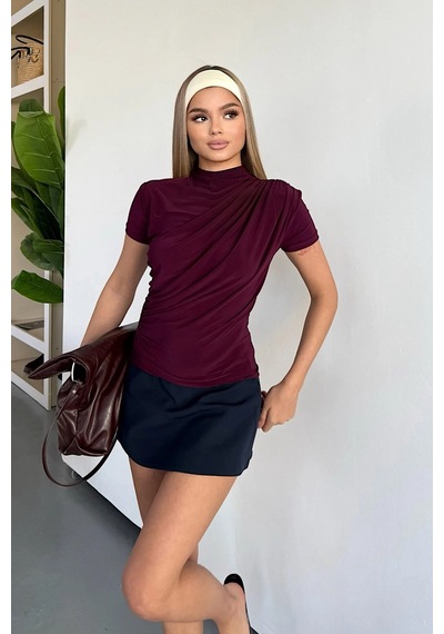 Giysa Kadın Dik Yaka Büzgü Detaylı Bluz Mürdüm - 25y 2417 Mürdüm