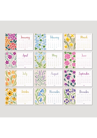 Çiçek Galerisi 2027 Masa Takvimi, Rengarenk Çiçekli Takvim, 2027 Desk Calendar, Flowers Calendar 202