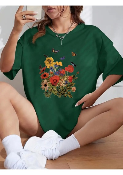 Unisex Pamuklu Butterfly Flowers Ön Baskılı Tasarım Tshirt Yeşil
