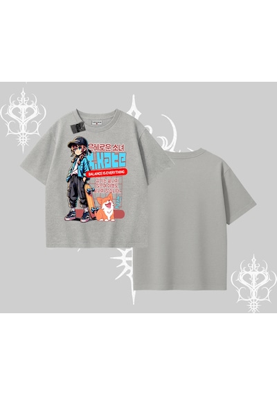 Tarzsokak Oversize Tshirt Anime Hiker Girl Balance Is Everything Baskılı Gri