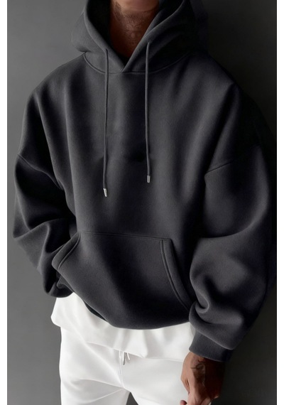 Tarz Cool Regular Kapüşonlu Sweatshirt Erkek Unisex 3 İplik Şardonlu %100 Pamuk Basic Hoodie Siyah