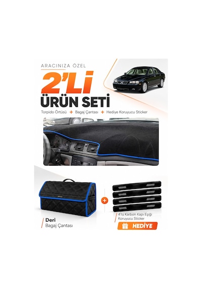 Volvo S80 1998-2006 Uyumlu Torpido Örtüsü + Deri Bagaj Çantası + Sticker Seti - Siyah Mavi