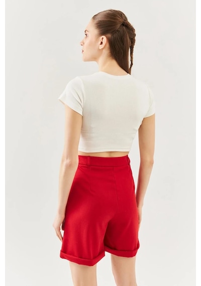 Butikgiz Kadın Kısa Kol Bisiklet Yaka Vücuda Oturan %100 Pamuklu Kaşkorse Esnek Crop Bluz Beyaz