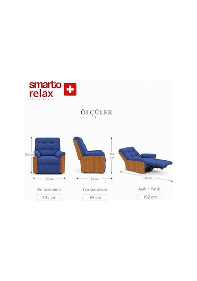 Smarto Relax Porto Tv Koltuğu Elektrikli Masajlı Isıtmalı Döner Sallanan Ahşap Yan Panelli Polyester Kumaş Baba Koltuğu Mavi