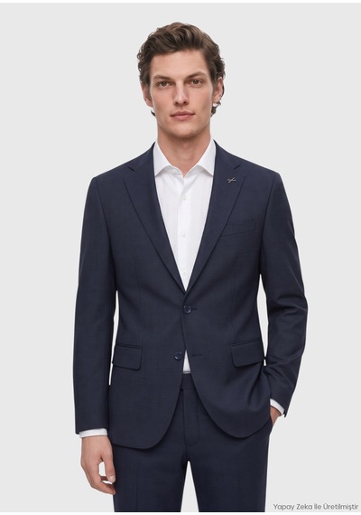 Ramsey Lacivert Kareli Modern Fit Yün Karışımlı Takım Elbise