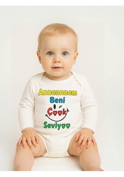 Zekids Bebek Anneannem Beni Çok Seviyor Yazılı Pamuklu Uzun Kol Çıtçıtlı Body-16096 Ekru