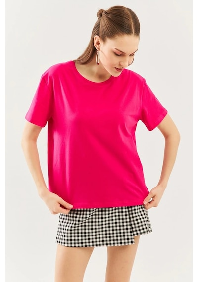 Kadın Oversize Rahat %100 Pamuklu Penye Bisiklet Yaka Kısa Kol Basic T-shirt Fuşya
