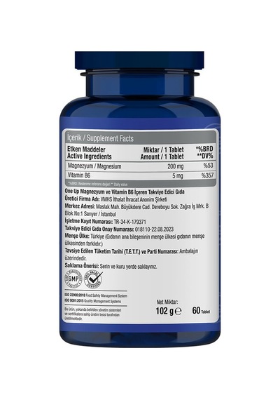 One Up Magnezyum Sitrat B6 Vitamini P5P 60 Tablet Aromasız