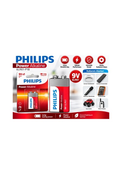 Philips 6lr61-p1b 9v Power Alkalin Pil Tekli Uzun Ömürlü 9 Volt Kare Pil