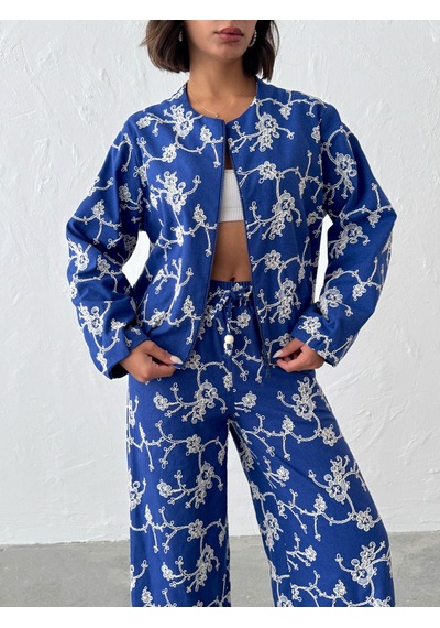 Verymoda Çiçek Nakışlı Fermuarlı Ceket F1948 Saks