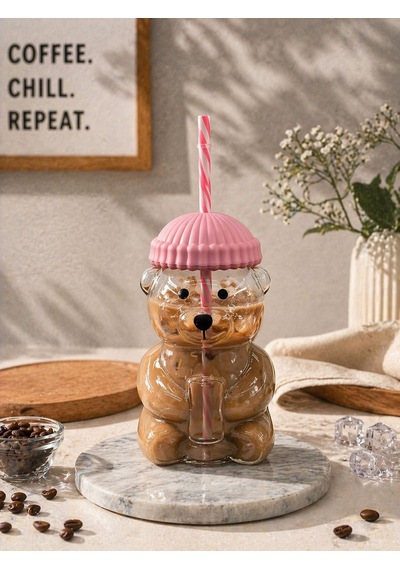 Cam Ayıcık Pipetli Soğuk İçecek Kahve Bardağı Bear Bardak 550 Ml Pembe